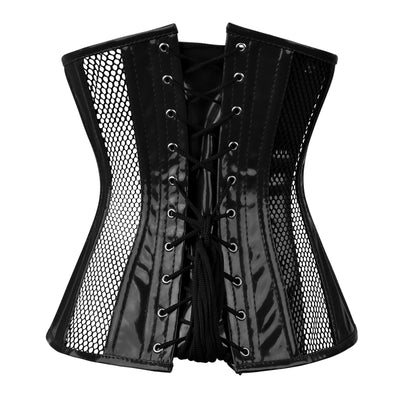 Handmade Women Black Faux Leather Satin Overbust Corsets Steel